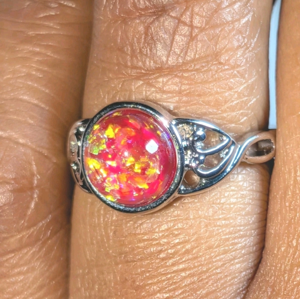Art Deco Sparkling Silver Plated Dragon Breath Glass Glitter Simulated Opal Ring